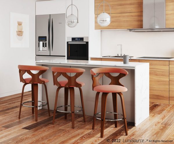 Gardenia 26 Mid Century Modern Walnut Orange Counter Stools Set of 2