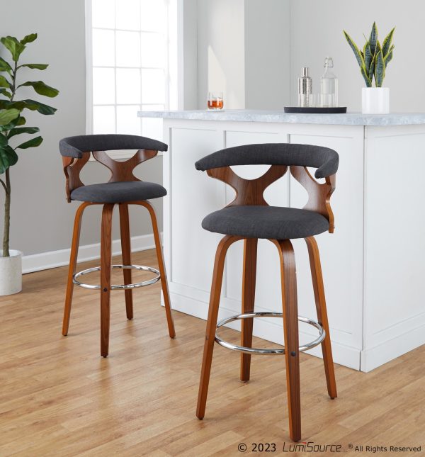 Gardenia 30 Mid Century Modern Swivel Barstool Walnut Charcoal Set of 2 1