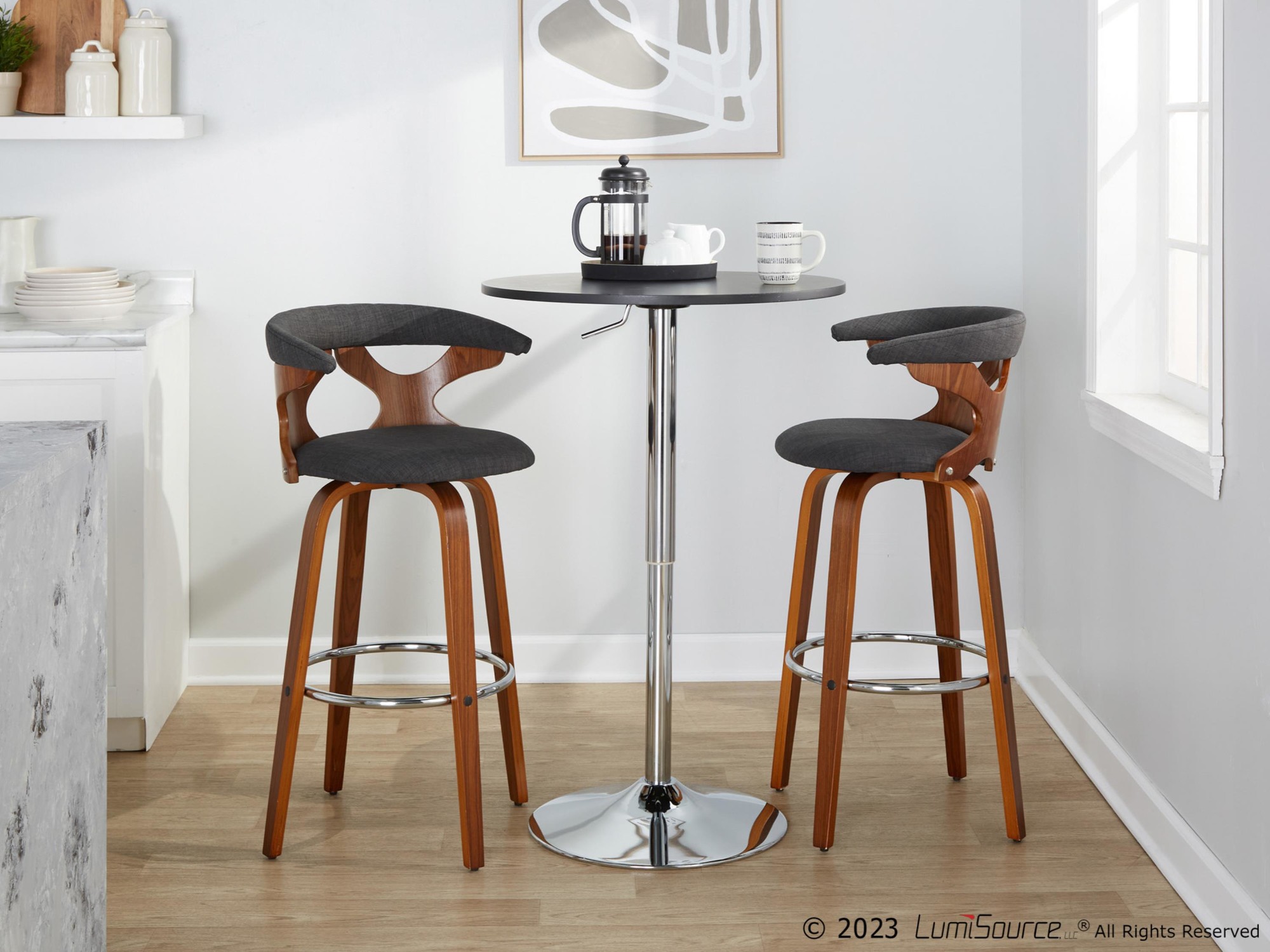 Gardenia 30 Mid-Century Modern Swivel Barstool Walnut Charcoal (Set of 2) 4 Gardenia 30 Mid-Century Modern Swivel Barstool Walnut Charcoal (Set of 2) - Image 4