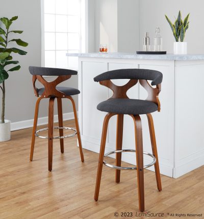 Gardenia 30 Mid-Century Modern Swivel Barstool Walnut Charcoal (Set of 2)