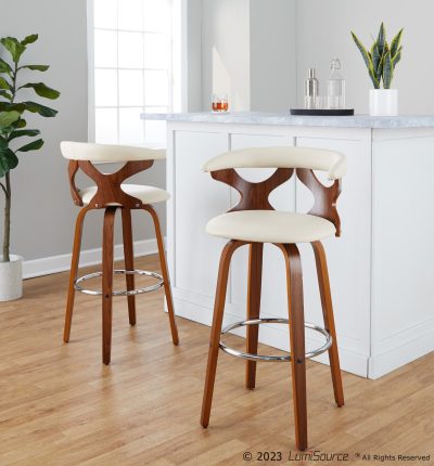 Gardenia 30 Mid-Century Modern Walnut Barstools Cream (Set of 2)