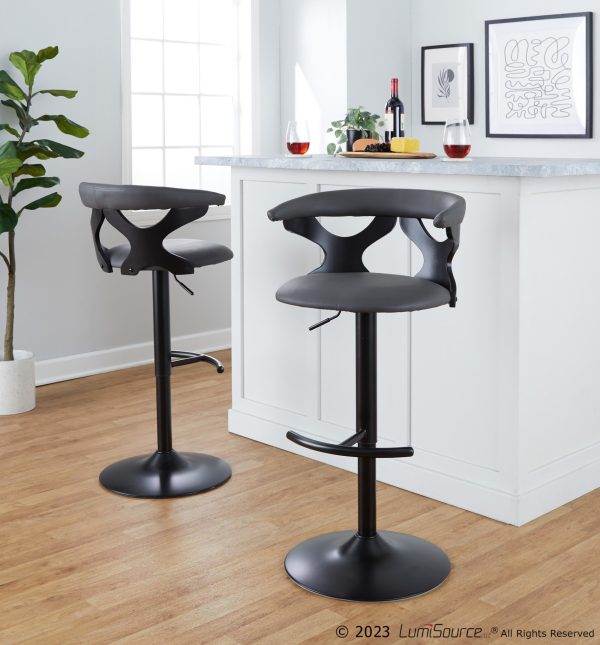 Gardenia Contemporary Adjustable Swivel Barstools in Grey Faux Leather Set of 2 Set of 2 2