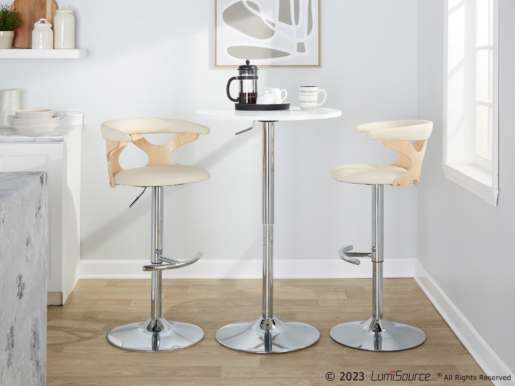 Gardenia Cream Faux Leather Contemporary Swivel Barstools (Set of 2) 2 Gardenia Cream Faux Leather Contemporary Swivel Barstools (Set of 2) - Image 2