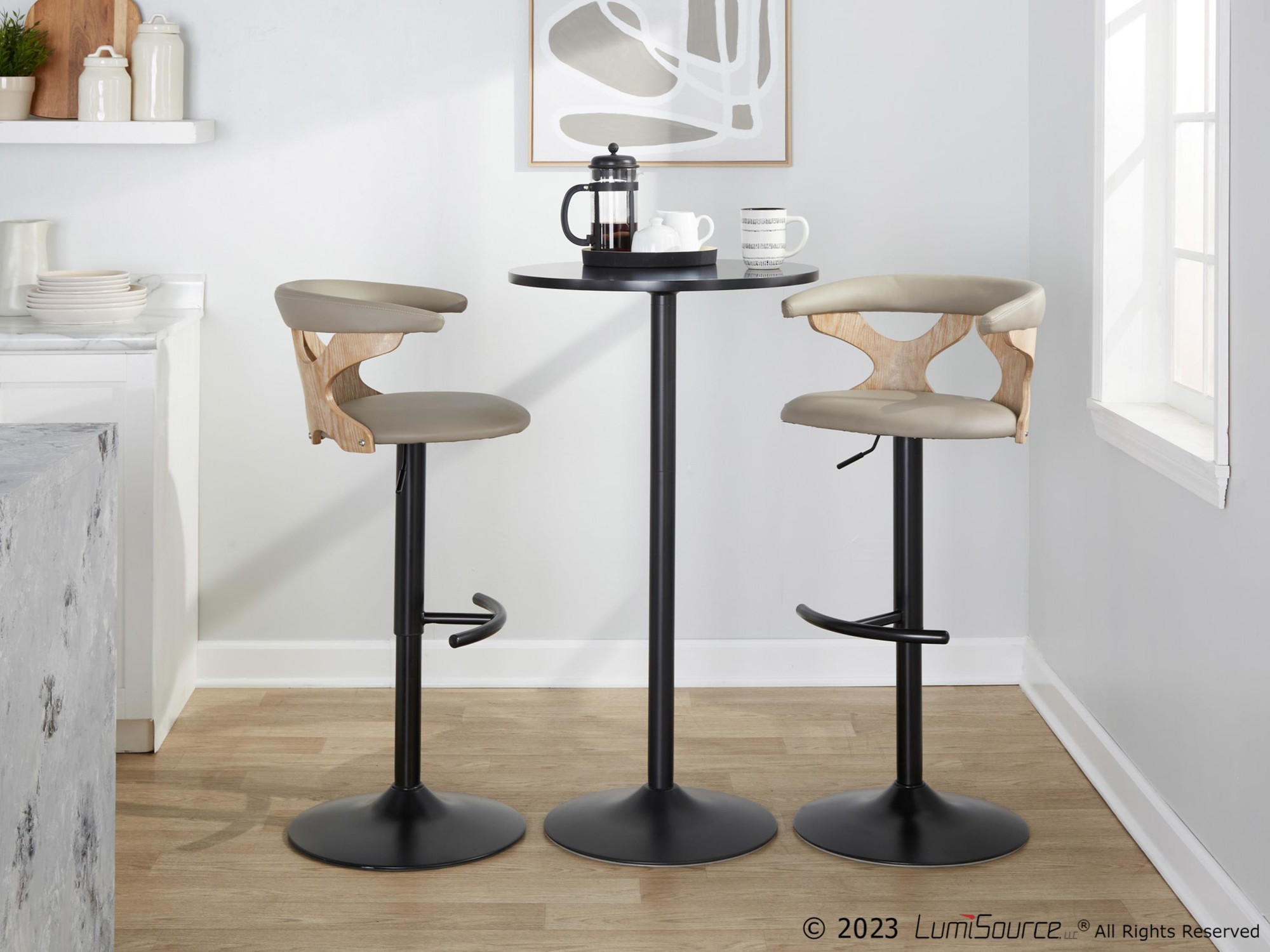 Gardenia Light Grey Faux Leather Adjustable Swivel Barstool (Set of 2) 2 Gardenia Light Grey Faux Leather Adjustable Swivel Barstool (Set of 2) - Image 2