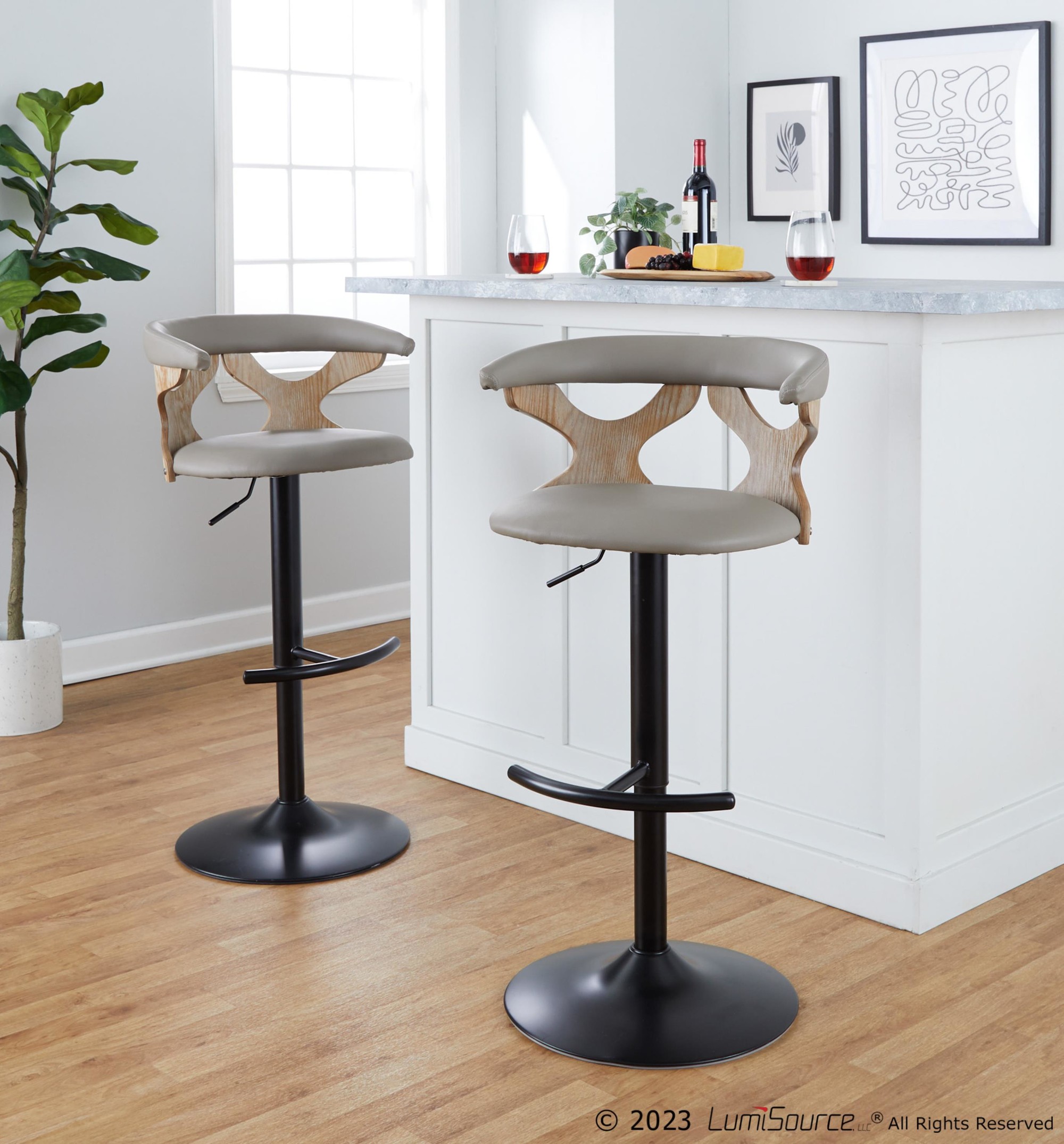 Gardenia Light Grey Faux Leather Adjustable Swivel Barstool (Set of 2) 3 Gardenia Light Grey Faux Leather Adjustable Swivel Barstool (Set of 2) - Image 3