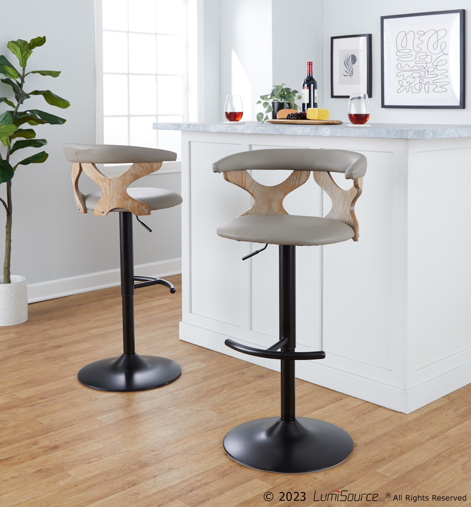 Gardenia Light Grey Faux Leather Adjustable Swivel Barstool (Set of 2) 4 Gardenia Light Grey Faux Leather Adjustable Swivel Barstool (Set of 2) - Image 4