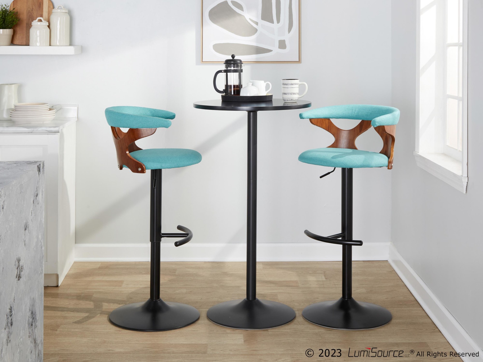 Gardenia Teal Swivel Adjustable Contemporary Barstools (Set of 2) 2 Gardenia Teal Swivel Adjustable Contemporary Barstools (Set of 2) - Image 2