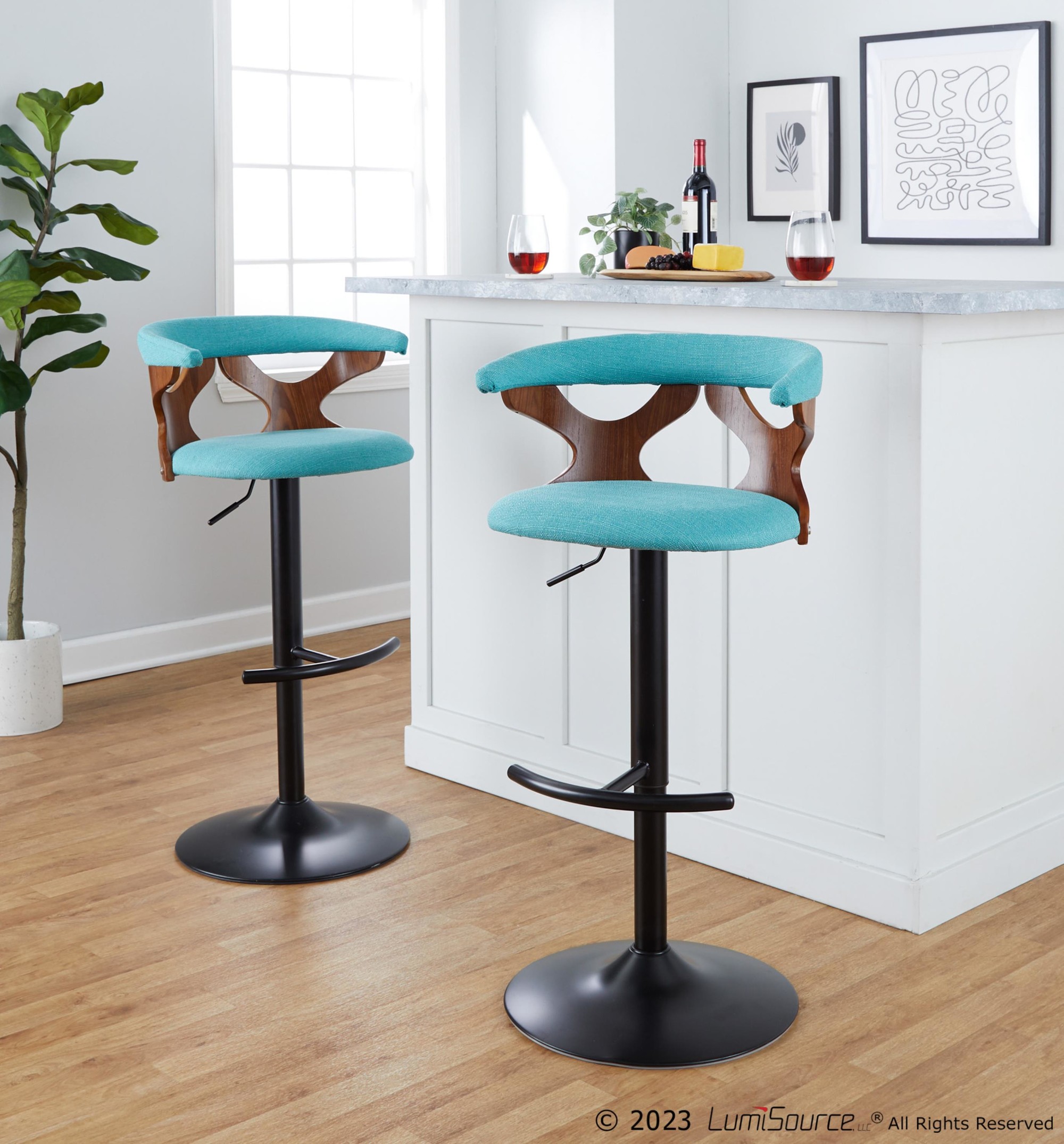 Gardenia Teal Swivel Adjustable Contemporary Barstools (Set of 2) 3 Gardenia Teal Swivel Adjustable Contemporary Barstools (Set of 2) - Image 3