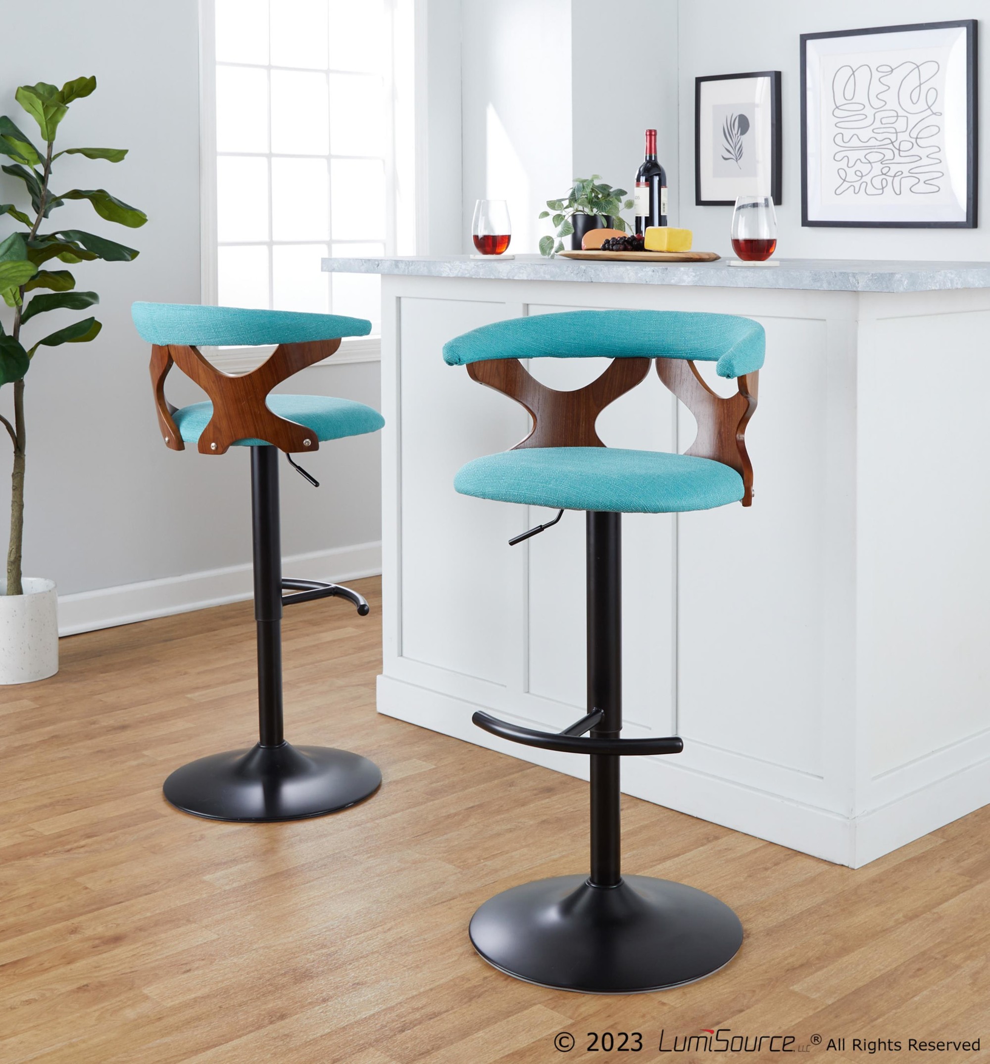 Gardenia Teal Swivel Adjustable Contemporary Barstools (Set of 2) 4 Gardenia Teal Swivel Adjustable Contemporary Barstools (Set of 2) - Image 4