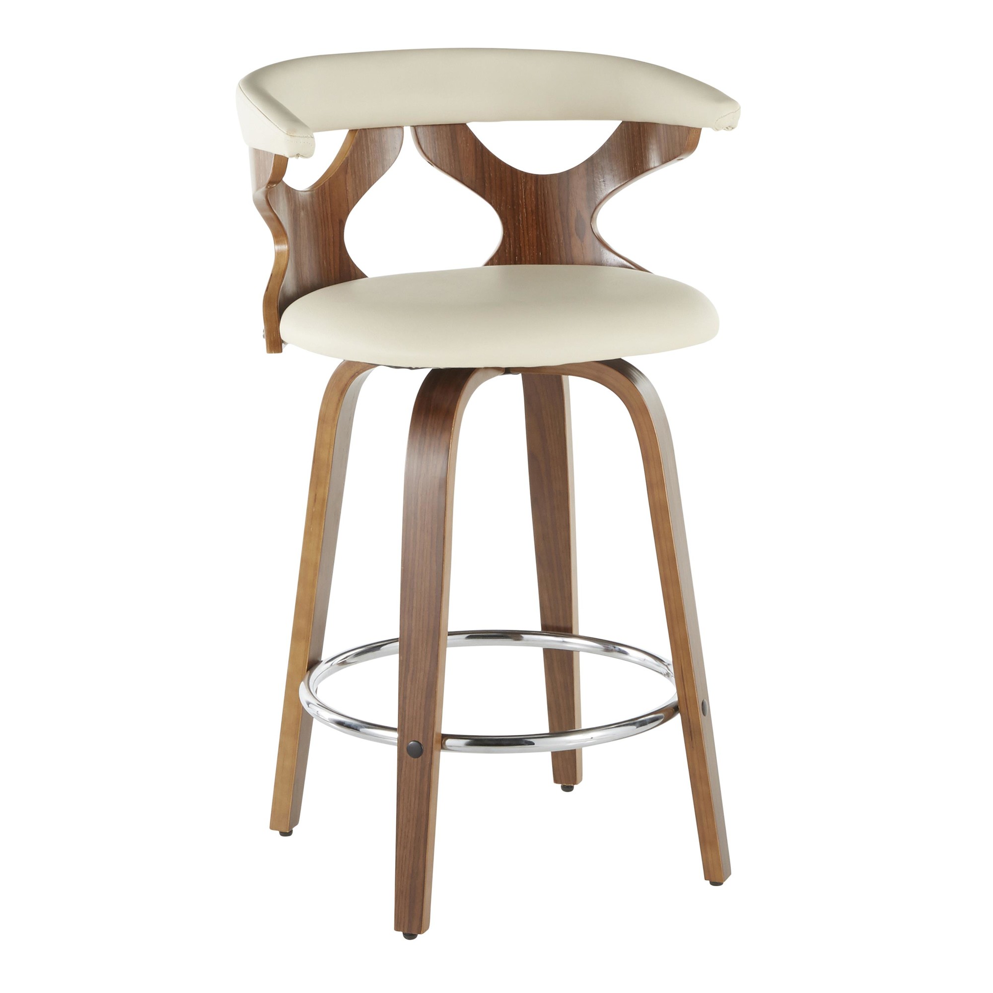 Gardenia Walnut Wood Cream Faux Leather Mid-Century Counter Stools (Set of 2) 2 Gardenia Walnut Wood Cream Faux Leather Mid-Century Counter Stools (Set of 2) - Image 2