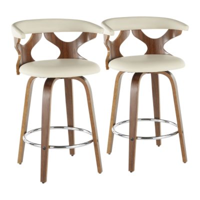 Gardenia Walnut Wood Cream Faux Leather Mid-Century Counter Stools (Set of 2)