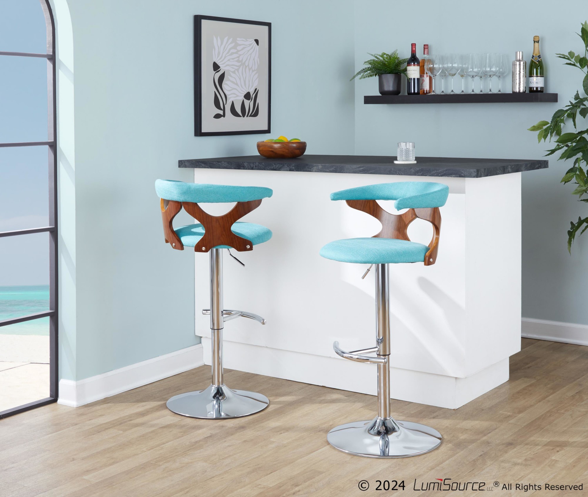 Gardenia Walnut and Teal Swivel Mid-Century Modern Adjustable Barstool 2 Gardenia Walnut and Teal Swivel Mid-Century Modern Adjustable Barstool - Image 2