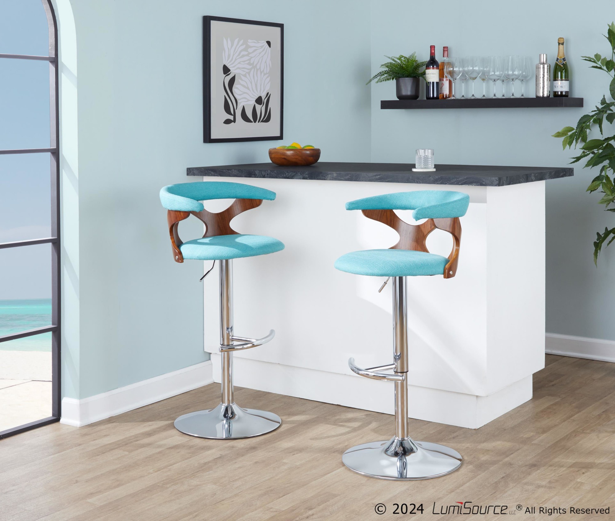 Gardenia Walnut and Teal Swivel Mid-Century Modern Adjustable Barstool 3 Gardenia Walnut and Teal Swivel Mid-Century Modern Adjustable Barstool - Image 3