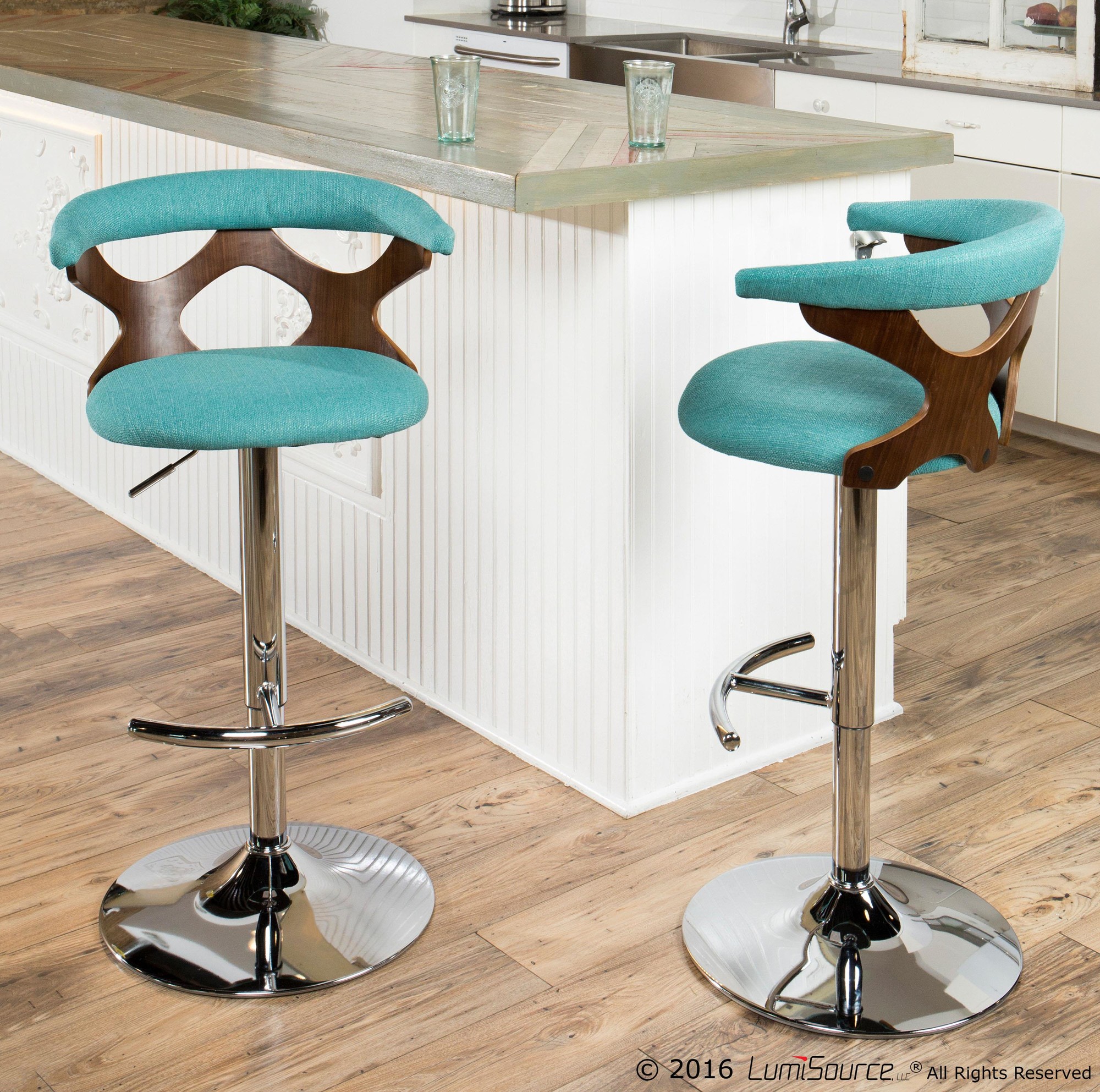 Gardenia Walnut and Teal Swivel Mid-Century Modern Adjustable Barstool 1 Gardenia Walnut and Teal Swivel Mid-Century Modern Adjustable Barstool