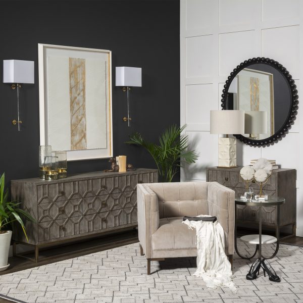 Genevieve I 39L x 16W Gray Fir Veneer And Metal Base 3 Drawer Accent Cabinet 1