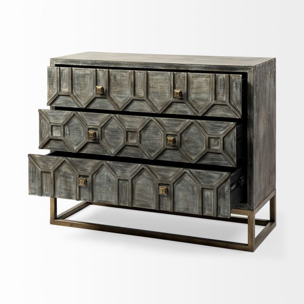 Genevieve I 39L x 16W Gray Fir Veneer And Metal Base 3 Drawer Accent Cabinet 7