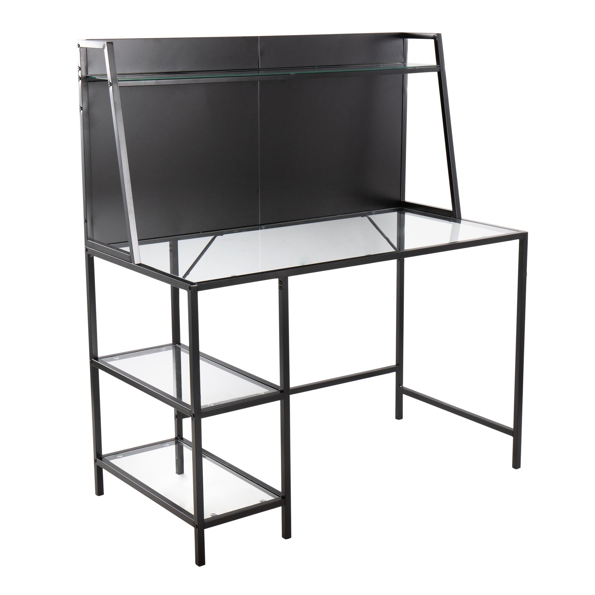 Geo Contemporary Black Metal and Glass Tiered Desk 1 Geo Contemporary Black Metal and Glass Tiered Desk