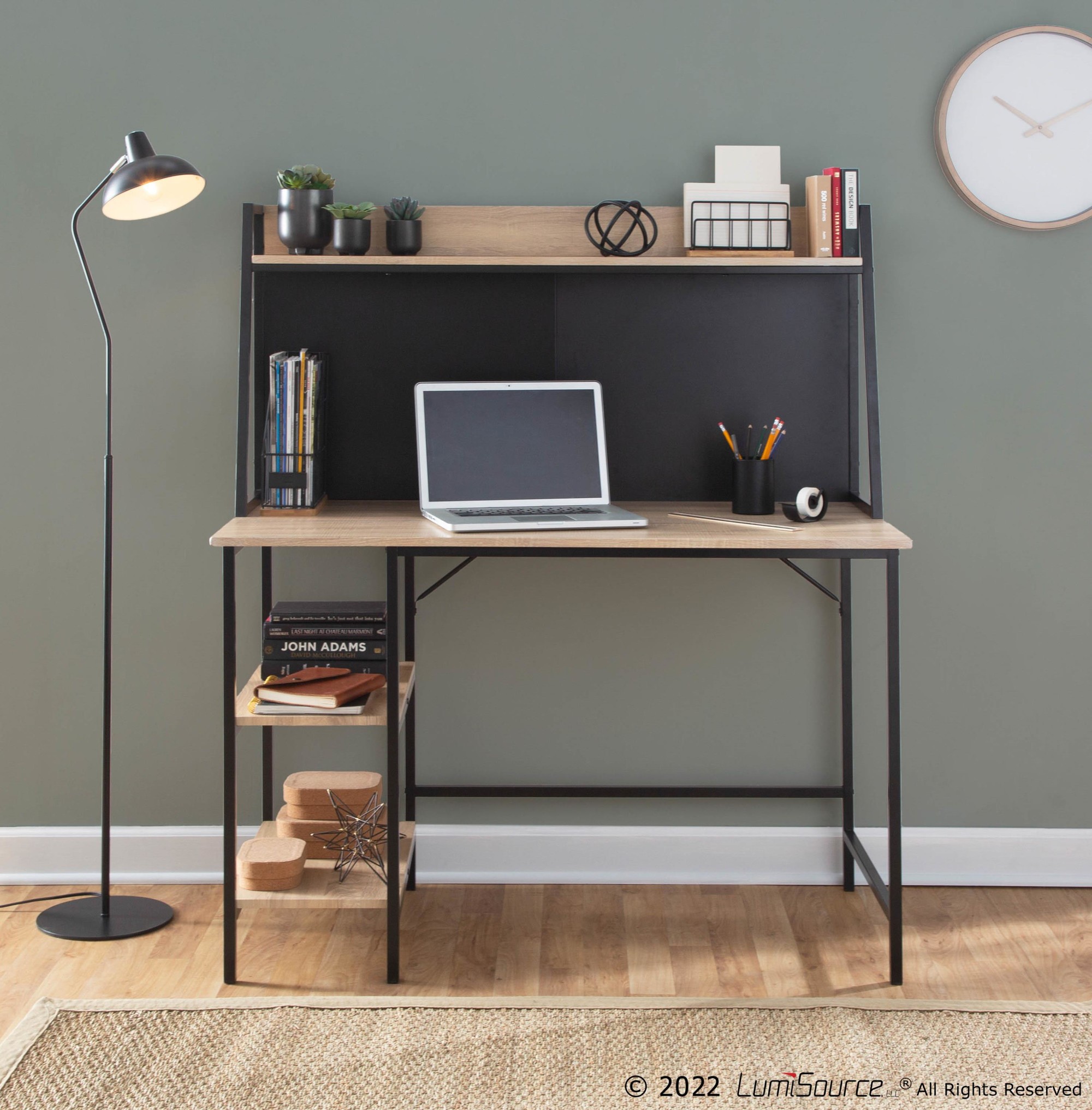 Geo Contemporary Black Steel and Natural Wood Shelf Desk 1 Geo Contemporary Black Steel and Natural Wood Shelf Desk