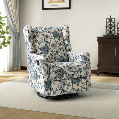 George Blue Print Linen Wingback Swivel Glider Recliner