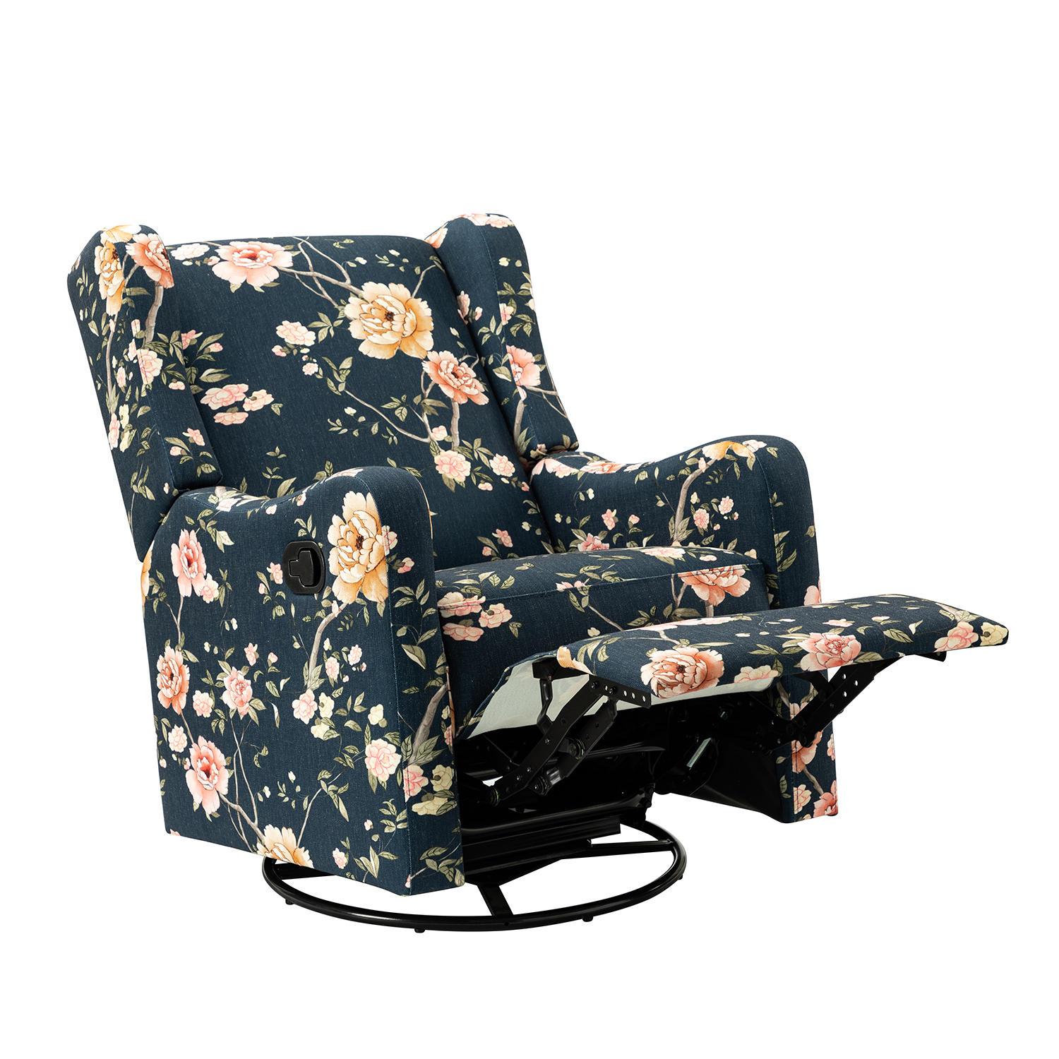 George Navy Print Linen Wingback Swivel Glider Recliner 5 George Navy Print Linen Wingback Swivel Glider Recliner - Image 5