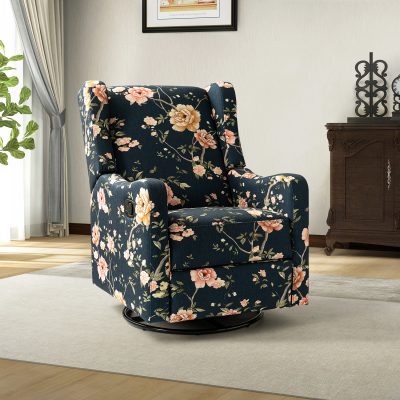 George Navy Print Linen Wingback Swivel Glider Recliner