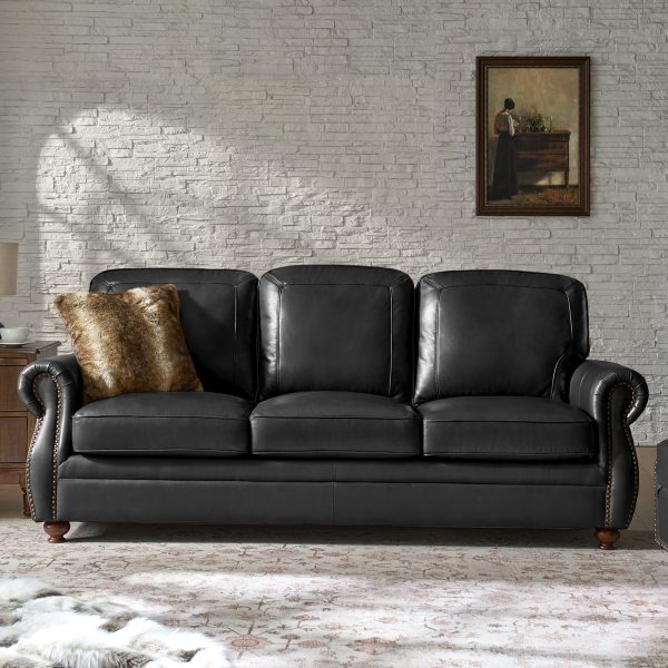 Gerardo Black Genuine Leather Rolled Arm Nailhead Sofa 1