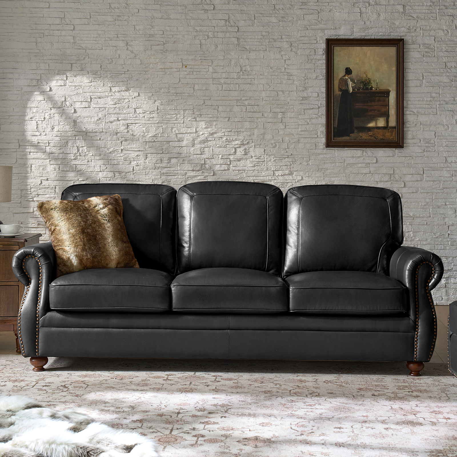 Gerardo Black Genuine Leather Rolled Arm Nailhead Sofa 2 Gerardo Black Genuine Leather Rolled Arm Nailhead Sofa - Image 2