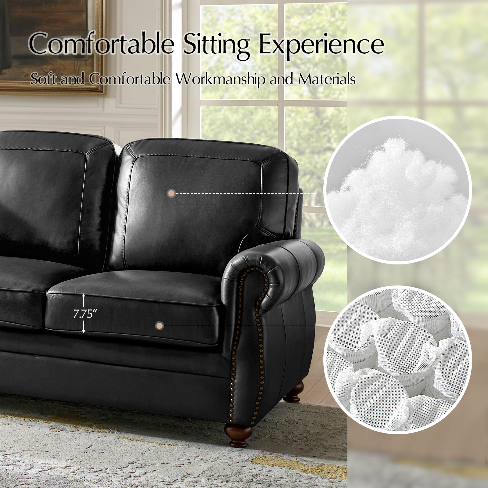 Gerardo Black Genuine Leather Rolled Arm Nailhead Sofa 4 Gerardo Black Genuine Leather Rolled Arm Nailhead Sofa - Image 4