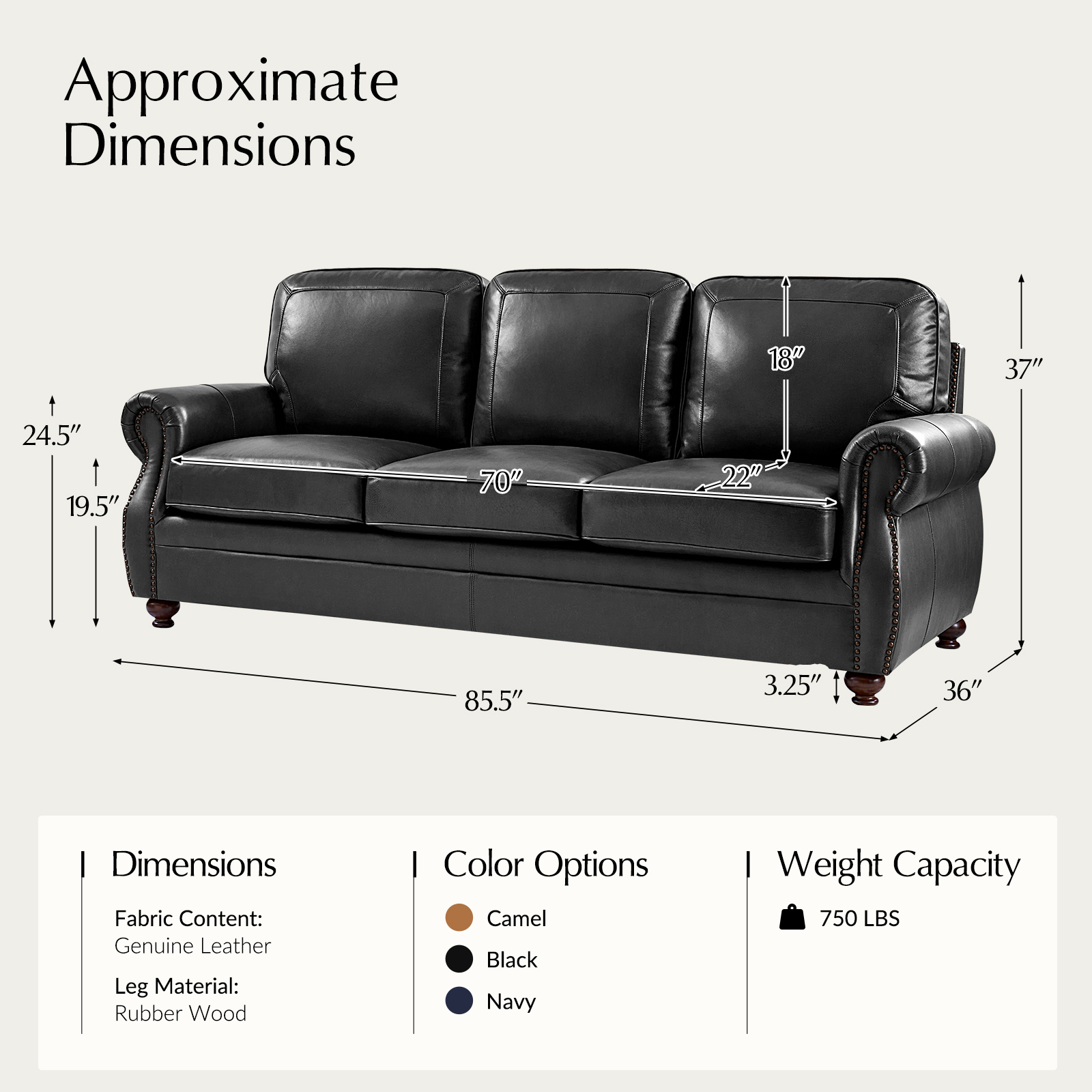 Gerardo Black Genuine Leather Rolled Arm Nailhead Sofa 5 Gerardo Black Genuine Leather Rolled Arm Nailhead Sofa - Image 5