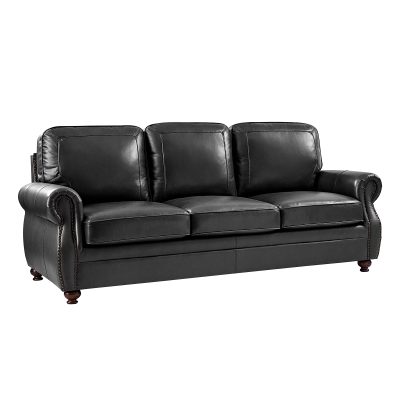 Gerardo Black Genuine Leather Rolled Arm Nailhead Sofa