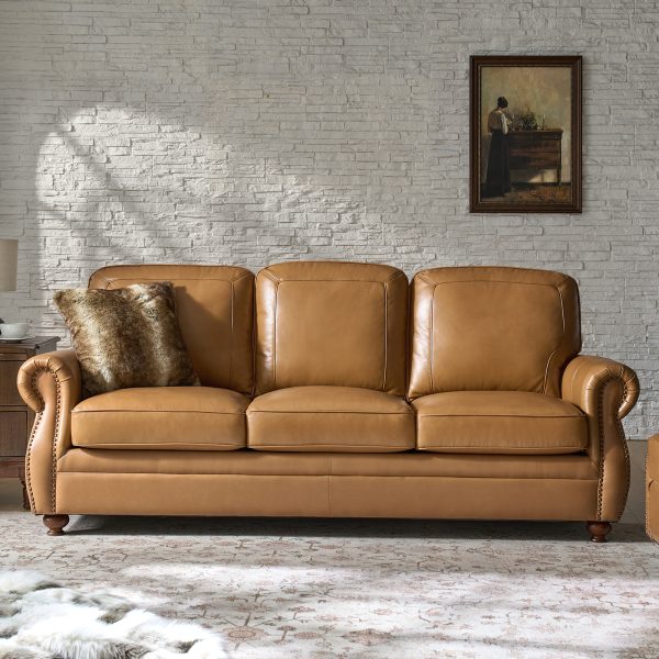 Gerardo Camel Leather Rolled Arm Nailhead Trim Sofa 1
