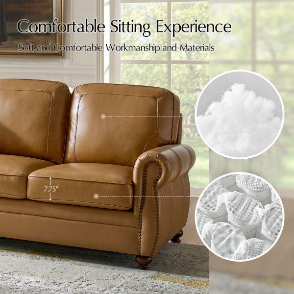 Gerardo Camel Leather Rolled Arm Nailhead Trim Sofa 3