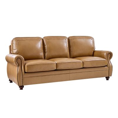 Gerardo Camel Leather Rolled Arm Nailhead Trim Sofa