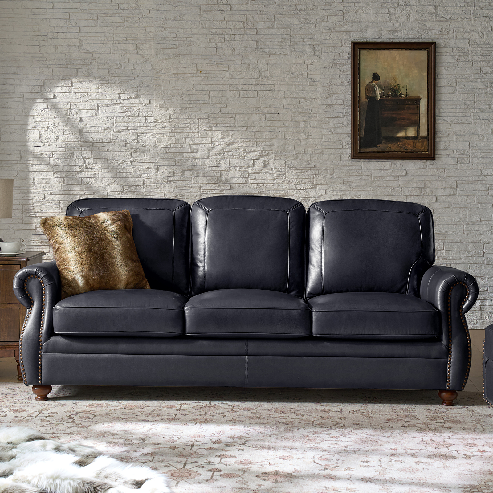 Gerardo Genuine Leather Rolled Arm Nailhead Trim Sofa 2 Gerardo Genuine Leather Rolled Arm Nailhead Trim Sofa - Image 2