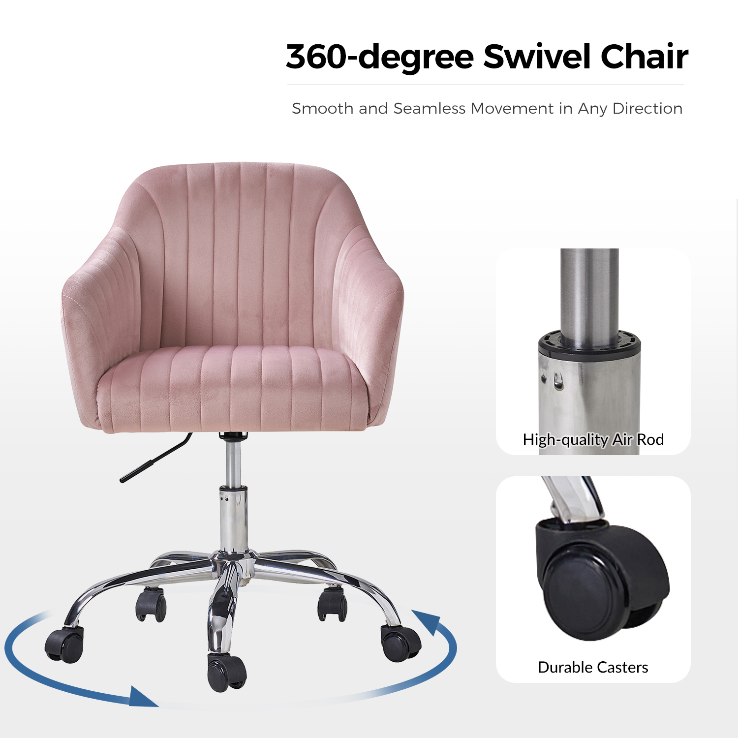 Gerhard Pink Velvet Channel Tufted Ergonomic Swivel Office Chair 4 Gerhard Pink Velvet Channel Tufted Ergonomic Swivel Office Chair - Image 4