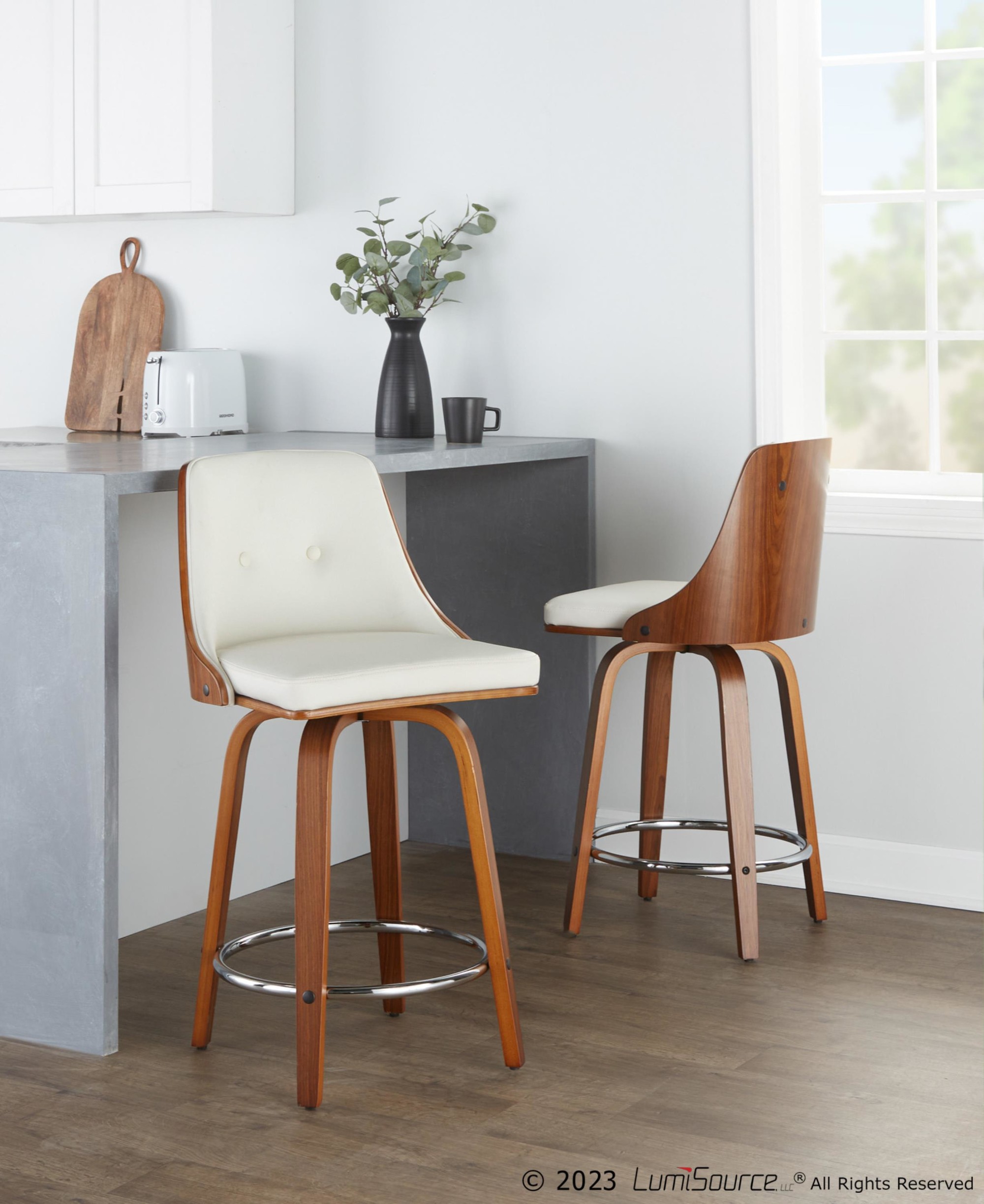 Gianna 24 Inch Walnut and White Mid-Century Counter Stools (Set of 2) 2 Gianna 24 Inch Walnut and White Mid-Century Counter Stools (Set of 2) - Image 2