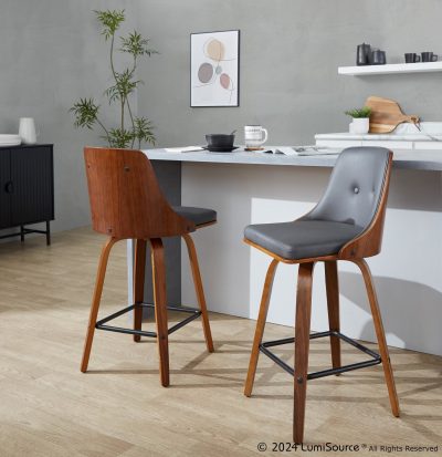 Gianna 26 Inch Mid-Century Grey Faux Leather Counter Stool (Set of 2)