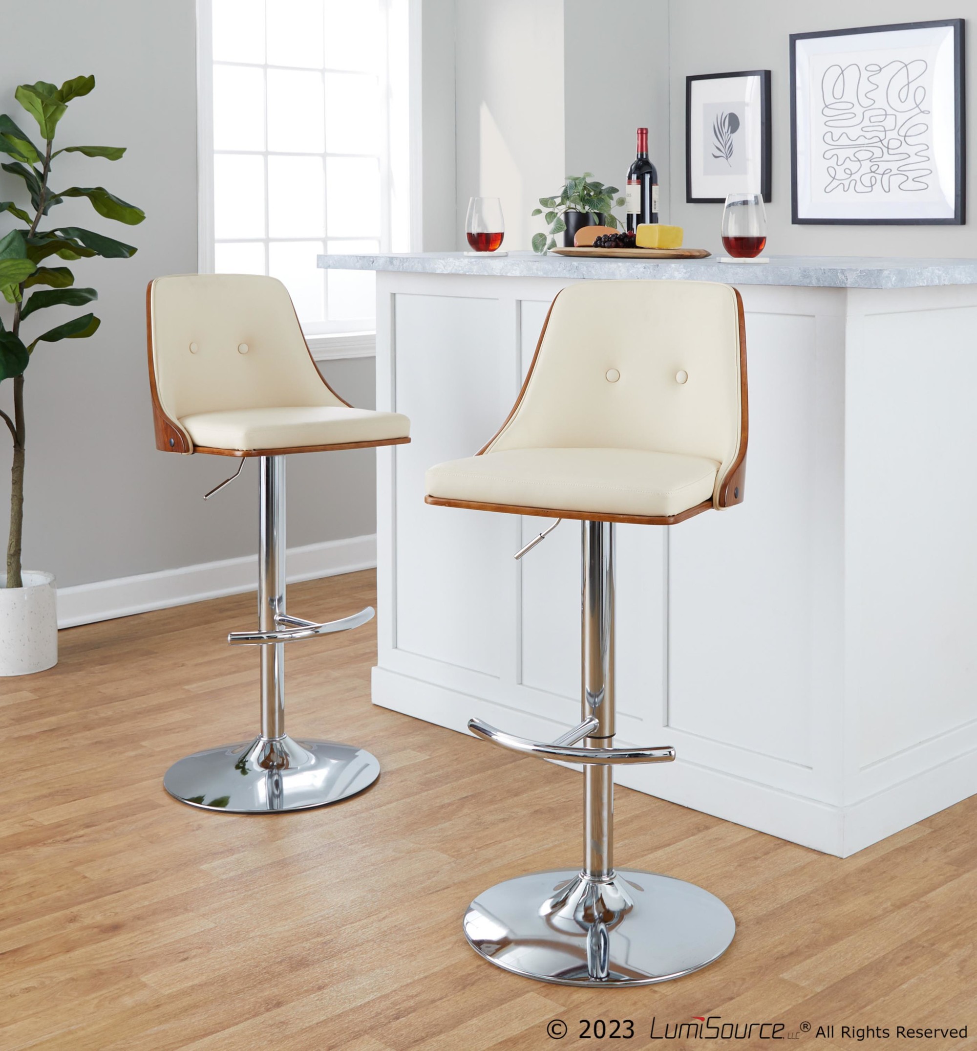 Gianna Cream Faux Leather Mid-Century Modern Swivel Barstools (Set of 2) 2 Gianna Cream Faux Leather Mid-Century Modern Swivel Barstools (Set of 2) - Image 2