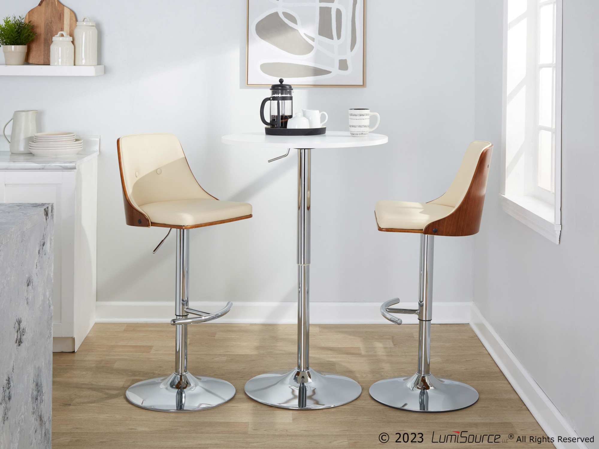 Gianna Cream Faux Leather Mid-Century Modern Swivel Barstools (Set of 2) 3 Gianna Cream Faux Leather Mid-Century Modern Swivel Barstools (Set of 2) - Image 3