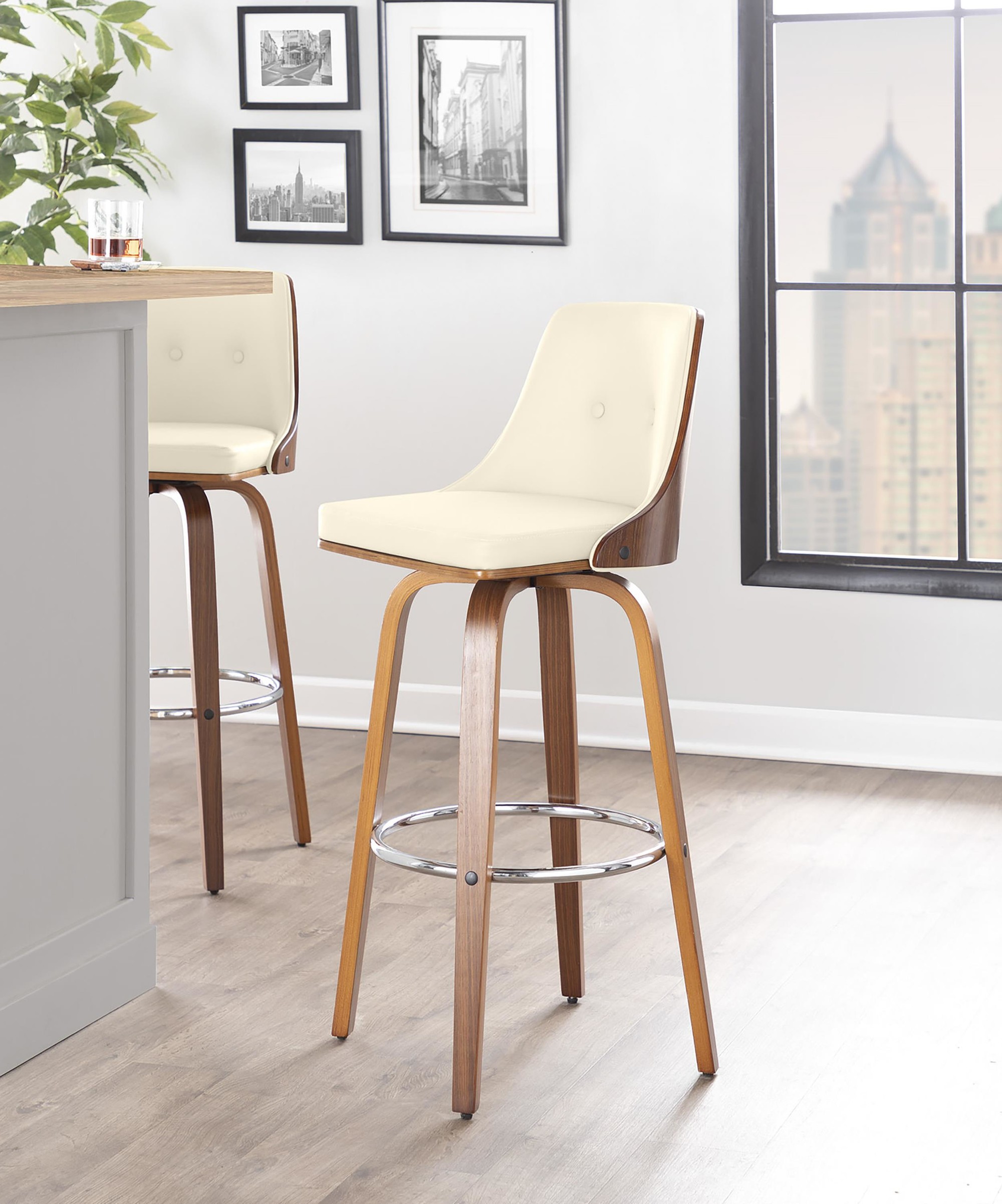 Gianna Cream Swivel Mid-Century Modern Barstool Walnut (Set of 2) 1 Gianna Cream Swivel Mid-Century Modern Barstool Walnut (Set of 2)