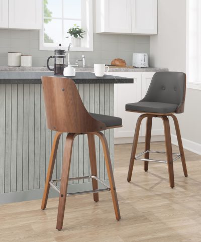 Gianna Grey Faux Leather Walnut Mid-Century Counter Stools (Set of 2)