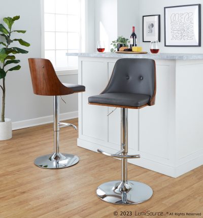 Gianna Grey Faux Leather Walnut Mid-Century Modern Barstools (Set of 2)