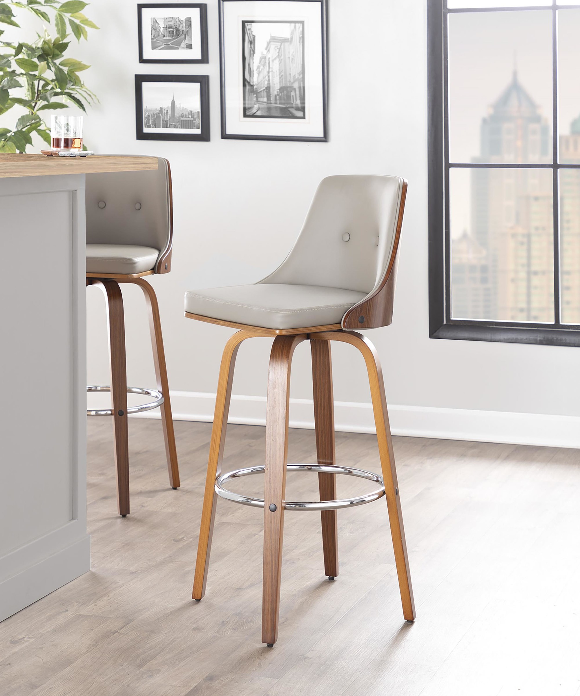 Gianna Mid-Century Modern Walnut and Grey Swivel Barstool (Set of 2) 1 Gianna Mid-Century Modern Walnut and Grey Swivel Barstool (Set of 2)