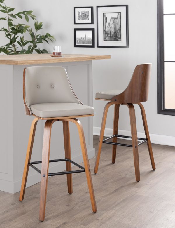 Gianna Mid Century Modern Walnut and Grey Swivel Barstools Set of 2 1