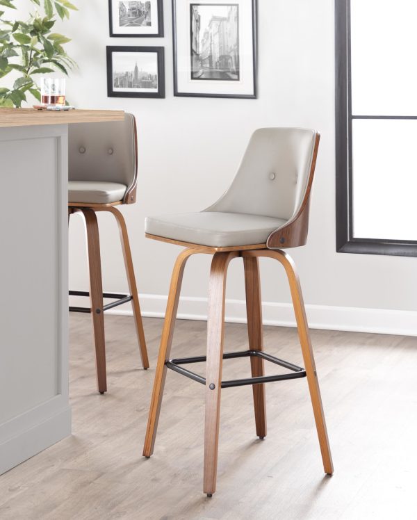Gianna Mid Century Modern Walnut and Grey Swivel Barstools Set of 2