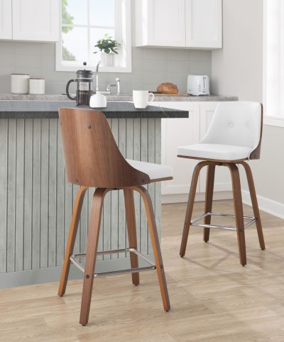 Gianna Walnut Mid-Century Modern White Faux Leather Counter Stools (Set of 2)