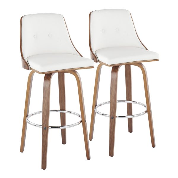 Gianna Walnut Wood White Faux Leather Mid Century Barstool Set of 2 1