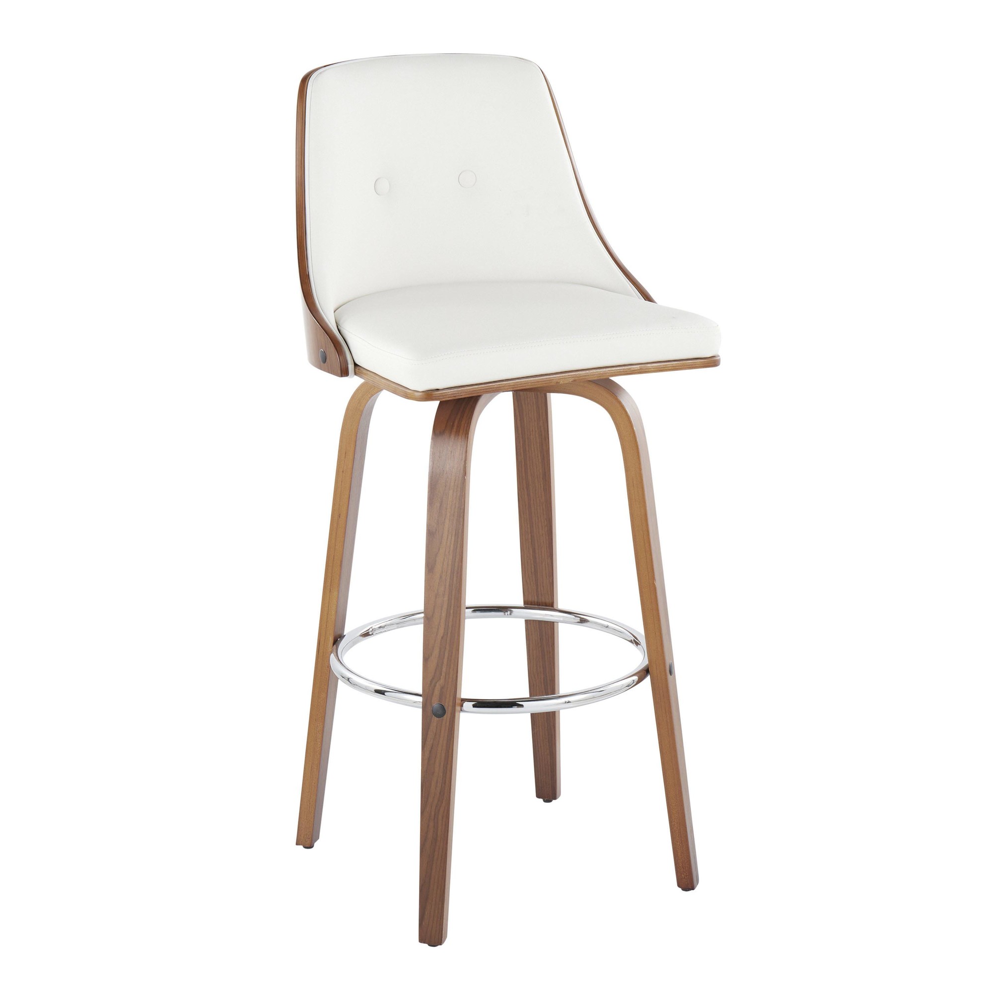 Gianna Walnut Wood White Faux Leather Mid-Century Barstool (Set of 2) 3 Gianna Walnut Wood White Faux Leather Mid-Century Barstool (Set of 2) - Image 3
