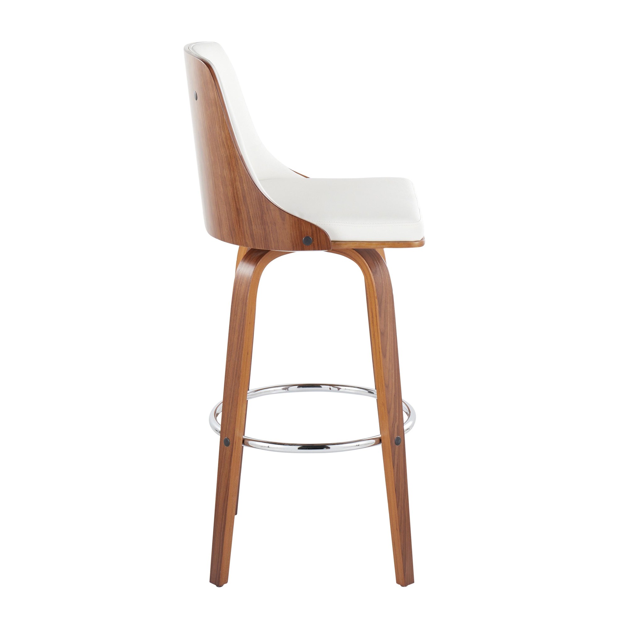 Gianna Walnut Wood White Faux Leather Mid-Century Barstool (Set of 2) 4 Gianna Walnut Wood White Faux Leather Mid-Century Barstool (Set of 2) - Image 4
