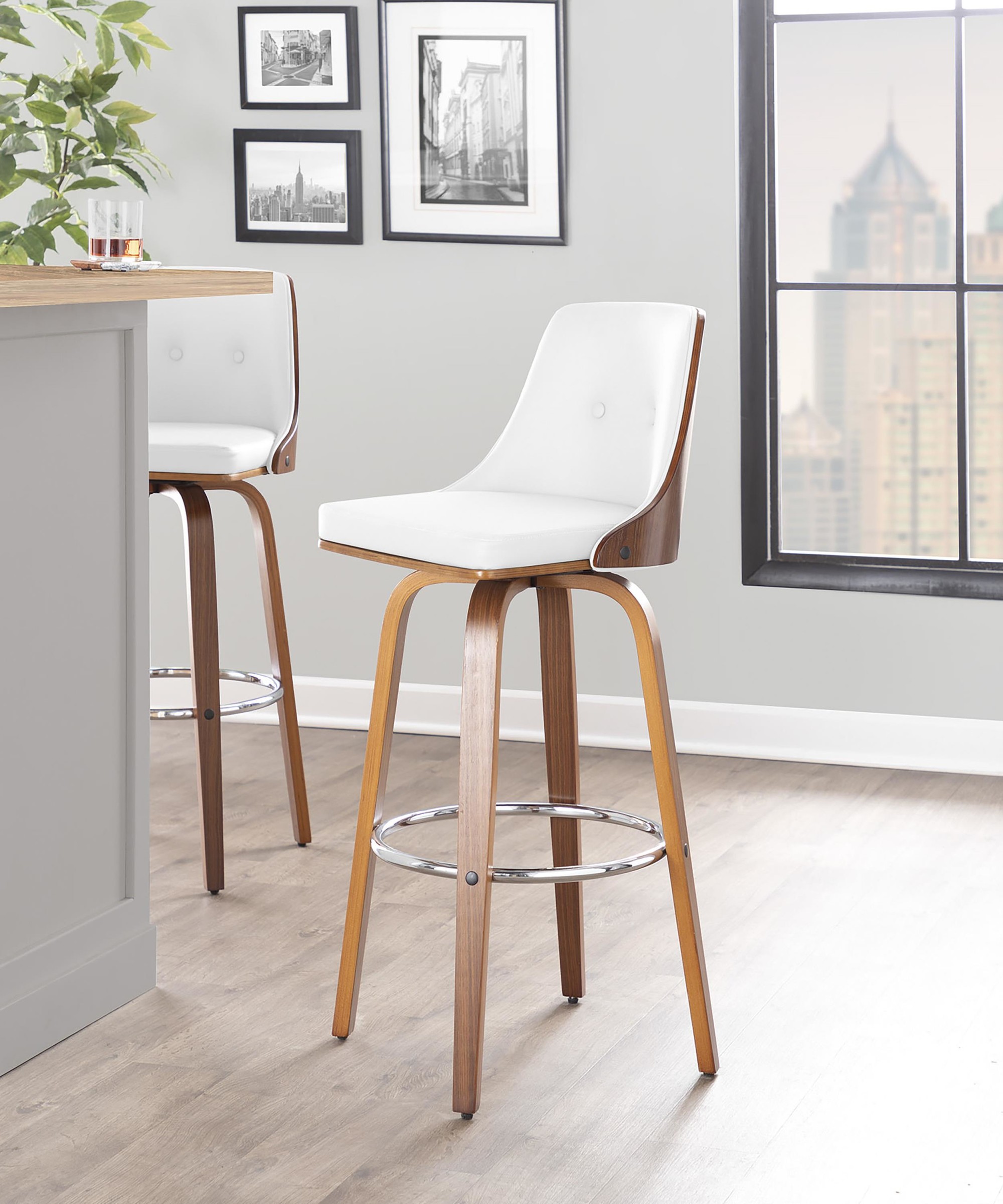 Gianna Walnut Wood White Faux Leather Mid-Century Barstool (Set of 2) 1 Gianna Walnut Wood White Faux Leather Mid-Century Barstool (Set of 2)